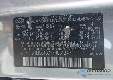 2007 Hyundai Santa Fe Gls from USA, damaged, VIN 5NMSG13D17H051347